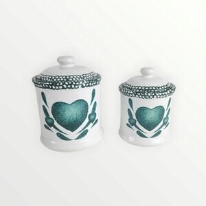 Vintage Green & White Heart 2 Piece Canister Jar Set Stoneware